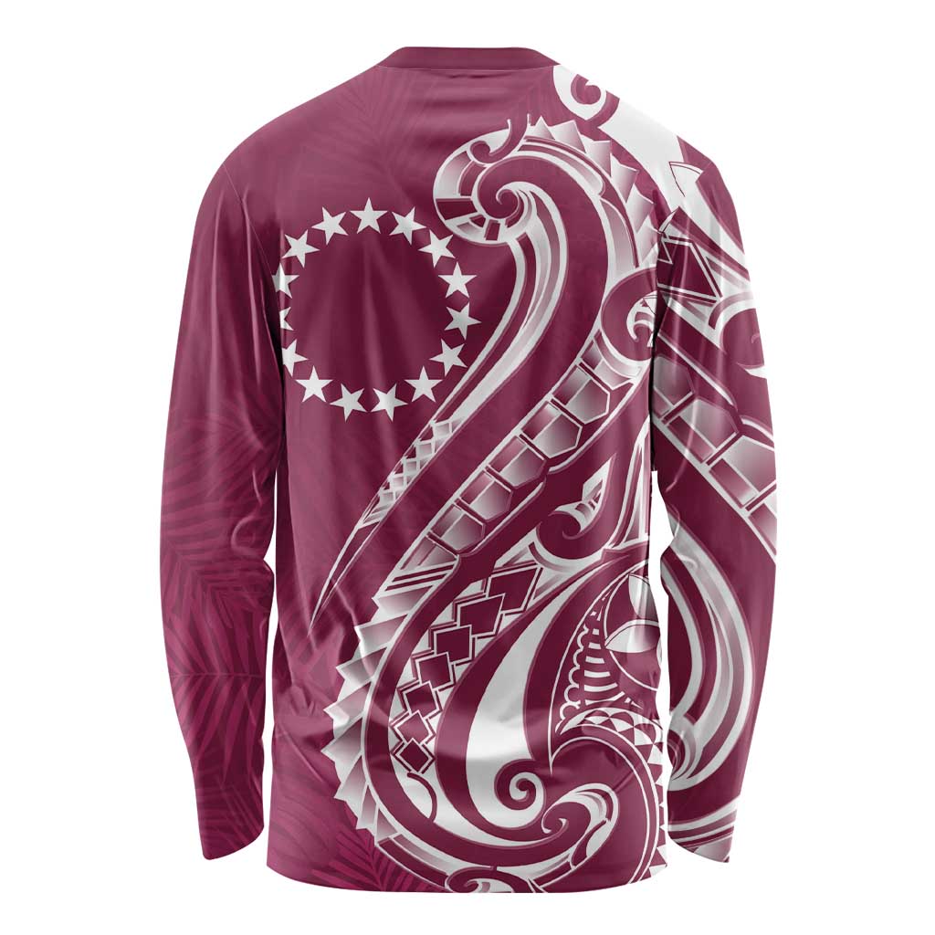 Kia Orana Cook Islands Long Sleeve Shirt Maroon Plumeria Tropical Waves - Polynesian Pride