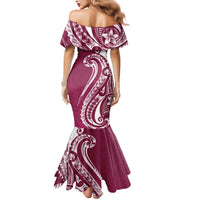Kia Orana Cook Islands Mermaid Dress Maroon Plumeria Tropical Waves - Polynesian Pride