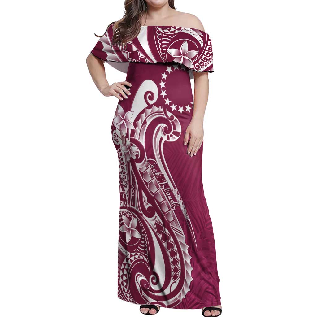 Kia Orana Cook Islands Off Shoulder Maxi Dress Maroon Plumeria Tropical Waves LT7 Women Maroon - Polynesian Pride