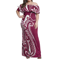 Kia Orana Cook Islands Off Shoulder Maxi Dress Maroon Plumeria Tropical Waves LT7 Women Maroon - Polynesian Pride