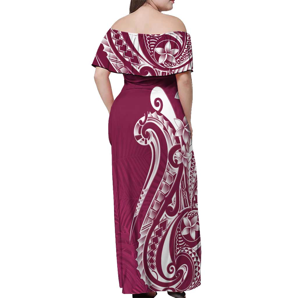 Kia Orana Cook Islands Off Shoulder Maxi Dress Maroon Plumeria Tropical Waves LT7 - Polynesian Pride