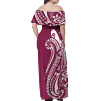 Kia Orana Cook Islands Off Shoulder Maxi Dress Maroon Plumeria Tropical Waves LT7 - Polynesian Pride