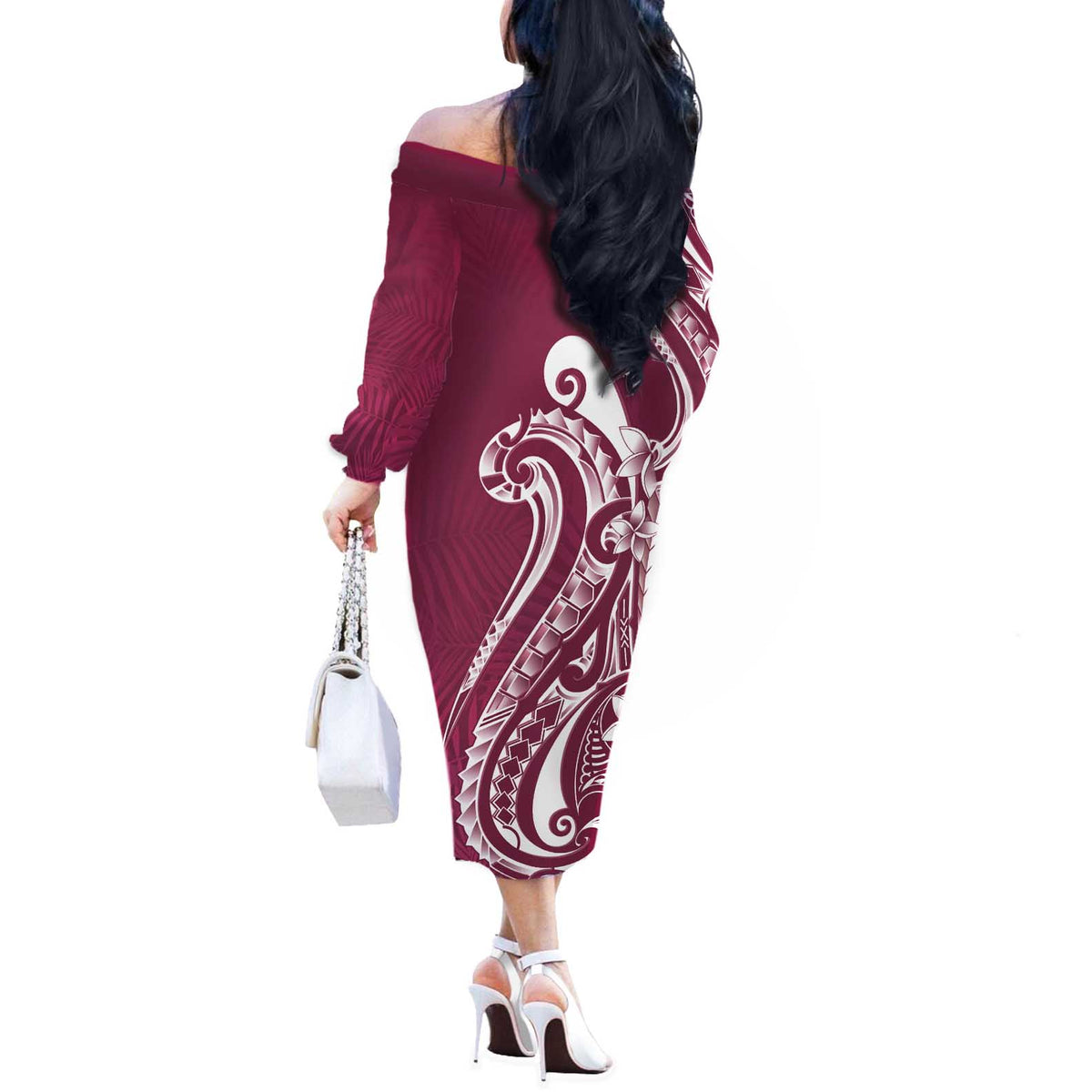 Kia Orana Cook Islands Off The Shoulder Long Sleeve Dress Maroon Plumeria Tropical Waves LT7 - Polynesian Pride