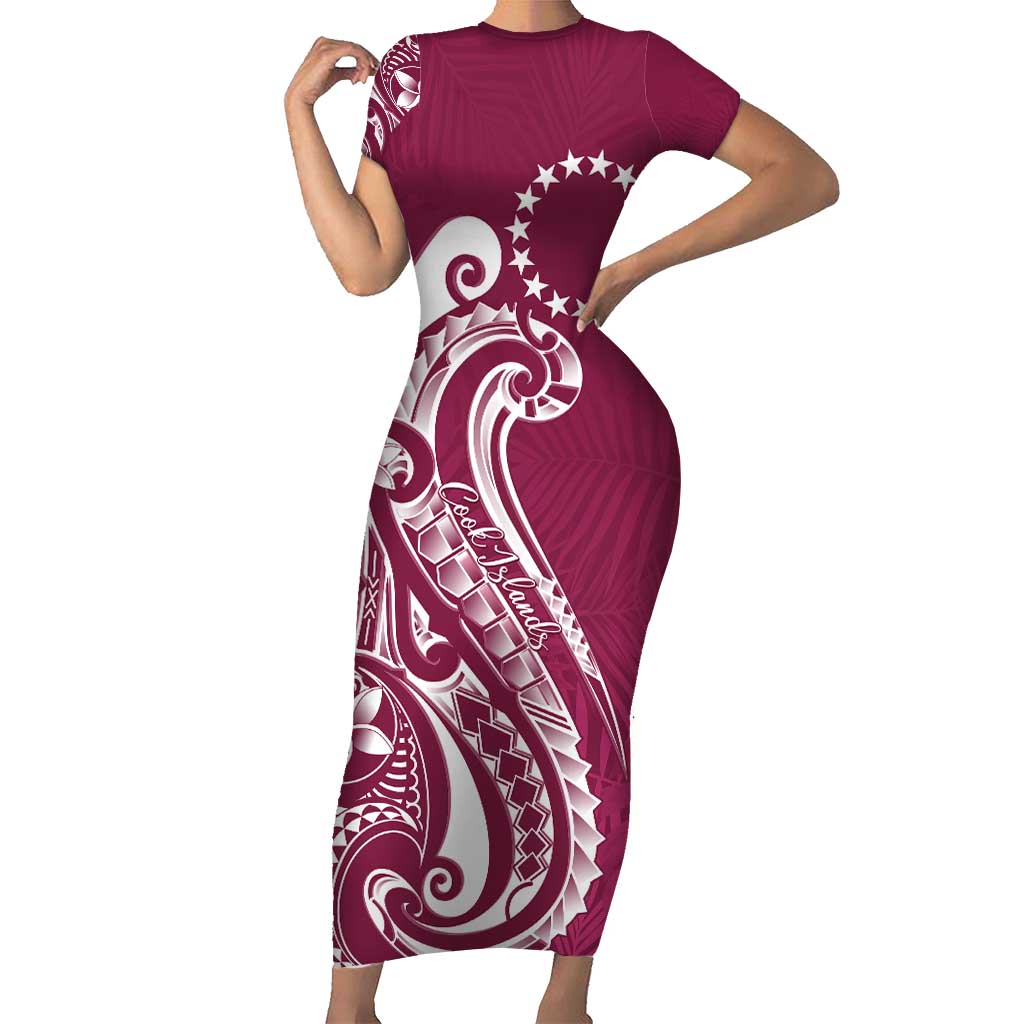 Kia Orana Cook Islands Short Sleeve Bodycon Dress Maroon Plumeria Tropical Waves LT7 Long Dress Maroon - Polynesian Pride