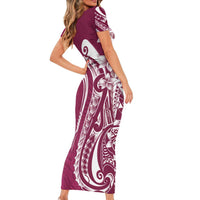 Kia Orana Cook Islands Short Sleeve Bodycon Dress Maroon Plumeria Tropical Waves LT7 - Polynesian Pride