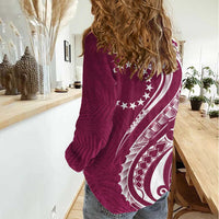 Kia Orana Cook Islands Women Casual Shirt Maroon Plumeria Tropical Waves LT7 - Polynesian Pride