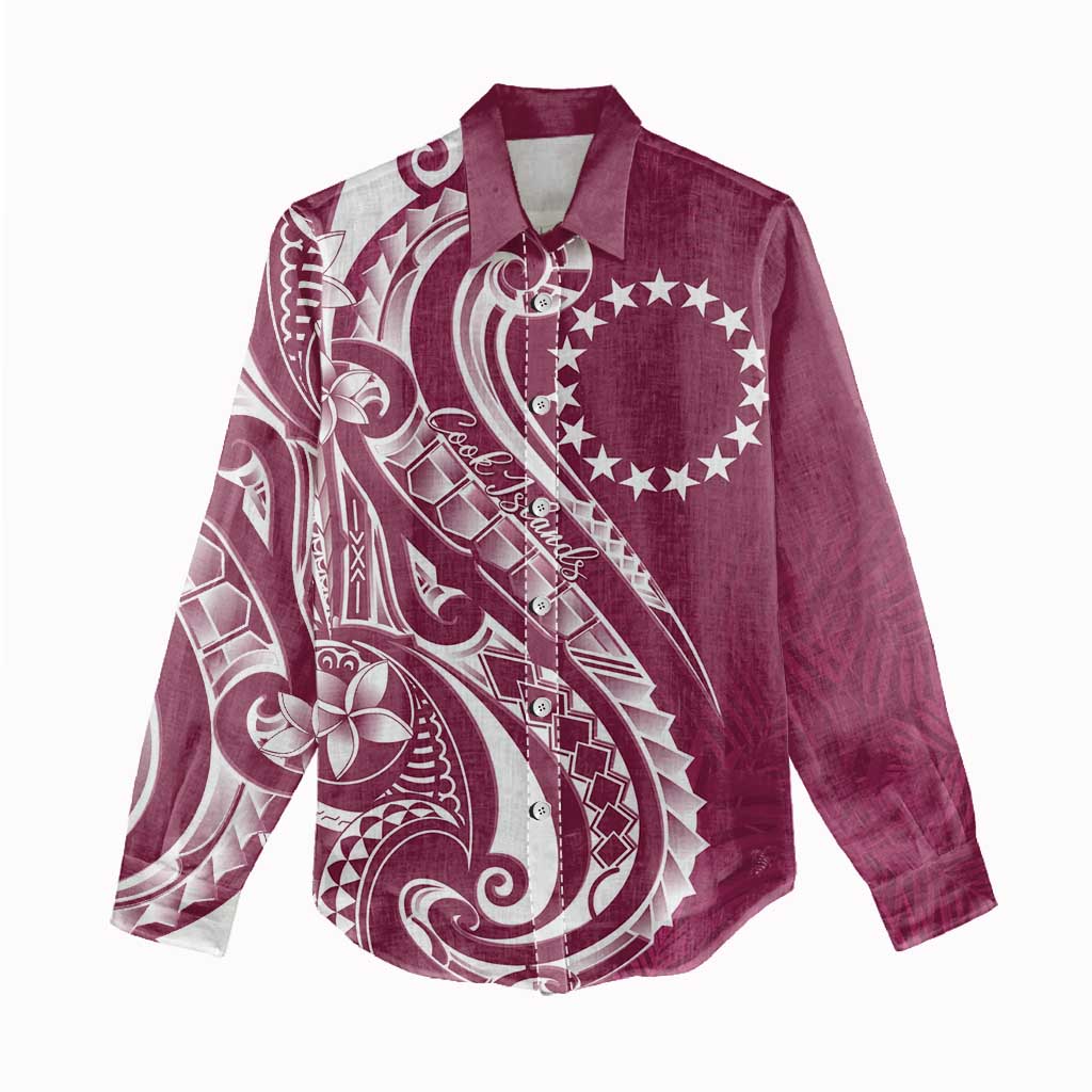 Kia Orana Cook Islands Women Casual Shirt Maroon Plumeria Tropical Waves LT7 - Polynesian Pride