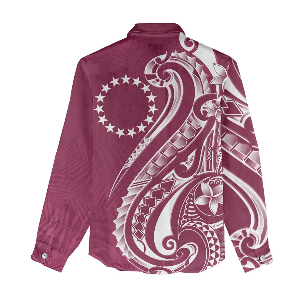 Kia Orana Cook Islands Women Casual Shirt Maroon Plumeria Tropical Waves LT7 - Polynesian Pride
