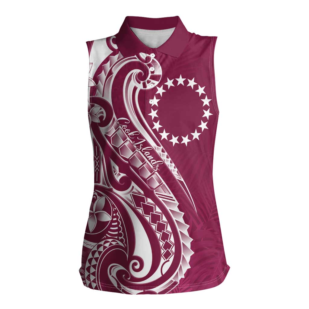 Kia Orana Cook Islands Women Sleeveless Polo Shirt Maroon Plumeria Tropical Waves LT7 Female Maroon - Polynesian Pride
