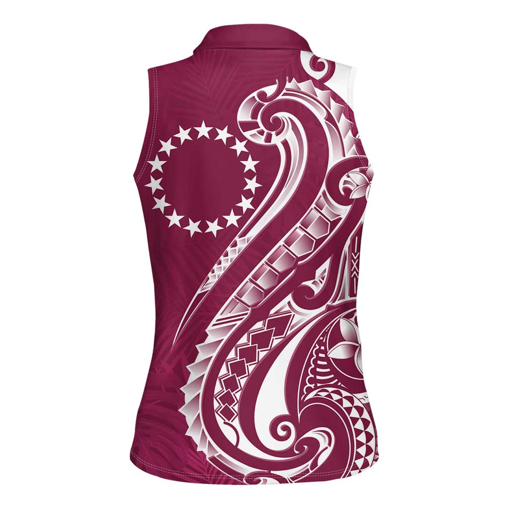 Kia Orana Cook Islands Women Sleeveless Polo Shirt Maroon Plumeria Tropical Waves LT7 - Polynesian Pride