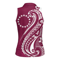 Kia Orana Cook Islands Women Sleeveless Polo Shirt Maroon Plumeria Tropical Waves LT7 - Polynesian Pride