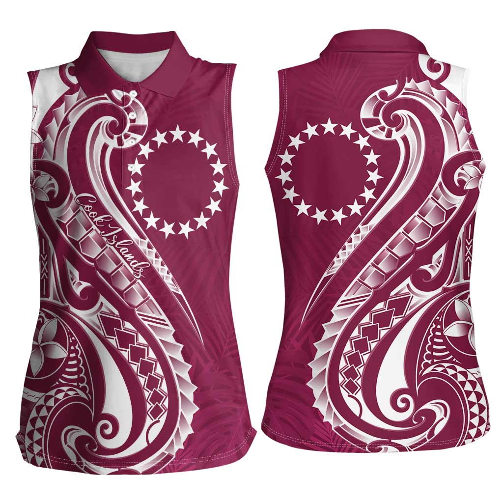 Kia Orana Cook Islands Women Sleeveless Polo Shirt Maroon Plumeria Tropical Waves LT7 - Polynesian Pride