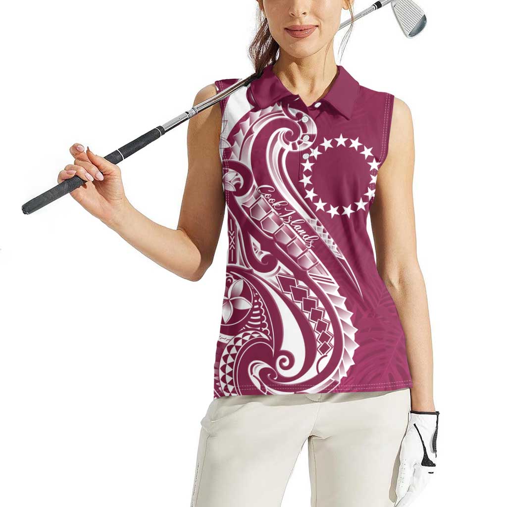 Kia Orana Cook Islands Women Sleeveless Polo Shirt Maroon Plumeria Tropical Waves LT7 - Polynesian Pride