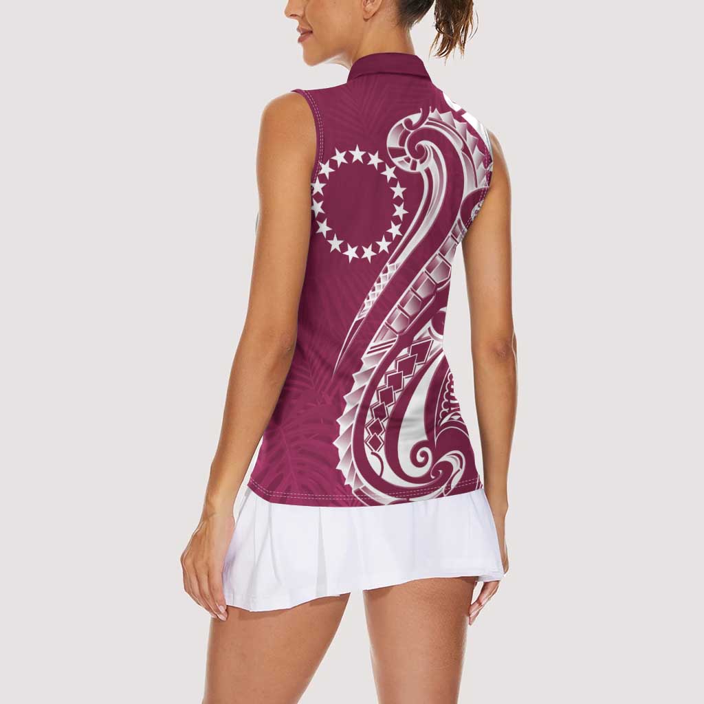 Kia Orana Cook Islands Women Sleeveless Polo Shirt Maroon Plumeria Tropical Waves LT7 - Polynesian Pride