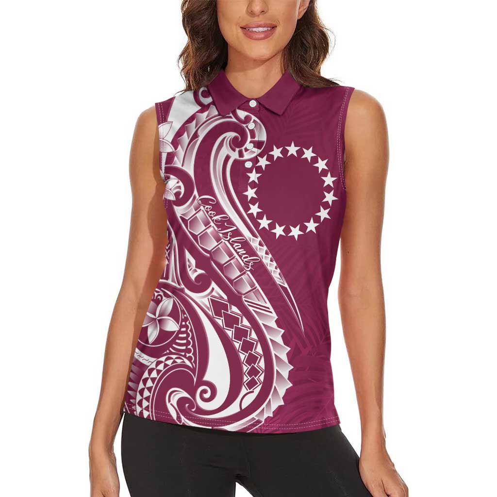 Kia Orana Cook Islands Women Sleeveless Polo Shirt Maroon Plumeria Tropical Waves LT7 - Polynesian Pride