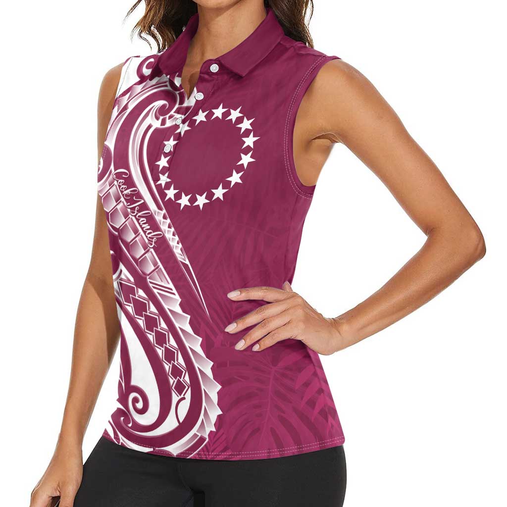 Kia Orana Cook Islands Women Sleeveless Polo Shirt Maroon Plumeria Tropical Waves LT7 - Polynesian Pride