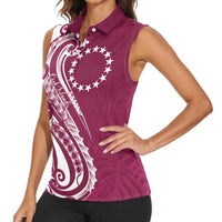 Kia Orana Cook Islands Women Sleeveless Polo Shirt Maroon Plumeria Tropical Waves LT7 - Polynesian Pride