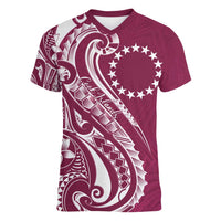 Kia Orana Cook Islands Women V-Neck T-Shirt Maroon Plumeria Tropical Waves LT7 Female Maroon - Polynesian Pride