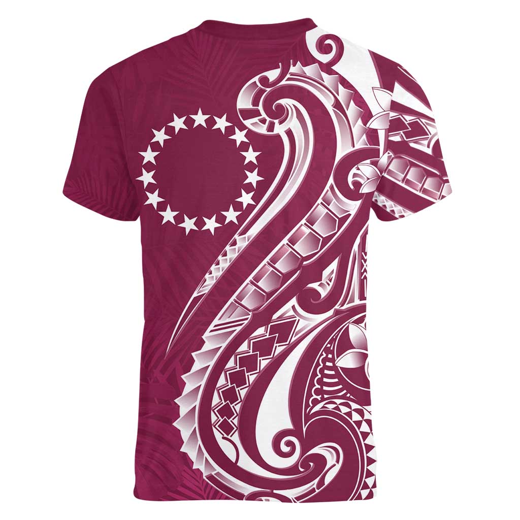 Kia Orana Cook Islands Women V-Neck T-Shirt Maroon Plumeria Tropical Waves LT7 - Polynesian Pride