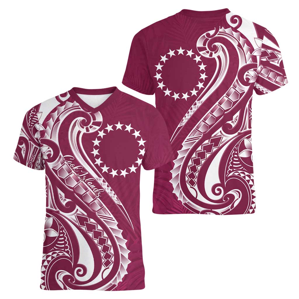 Kia Orana Cook Islands Women V-Neck T-Shirt Maroon Plumeria Tropical Waves LT7 - Polynesian Pride