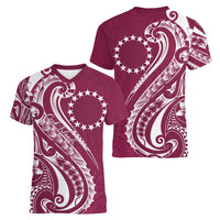 Kia Orana Cook Islands Women V-Neck T-Shirt Maroon Plumeria Tropical Waves LT7 - Polynesian Pride