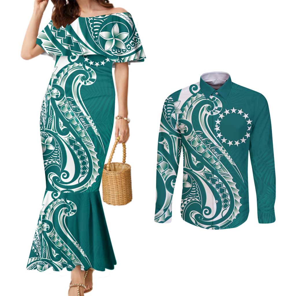 Kia Orana Cook Islands Couples Matching Mermaid Dress and Long Sleeve Button Shirt Teal Plumeria Tropical Waves LT7 Teal - Polynesian Pride