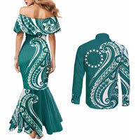 Kia Orana Cook Islands Couples Matching Mermaid Dress and Long Sleeve Button Shirt Teal Plumeria Tropical Waves LT7 - Polynesian Pride