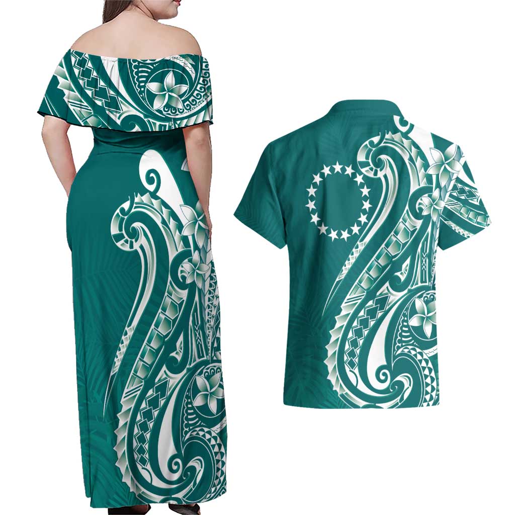 Kia Orana Cook Islands Couples Matching Off Shoulder Maxi Dress and Hawaiian Shirt Teal Plumeria Tropical Waves LT7 - Polynesian Pride