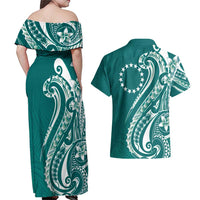 Kia Orana Cook Islands Couples Matching Off Shoulder Maxi Dress and Hawaiian Shirt Teal Plumeria Tropical Waves LT7 - Polynesian Pride
