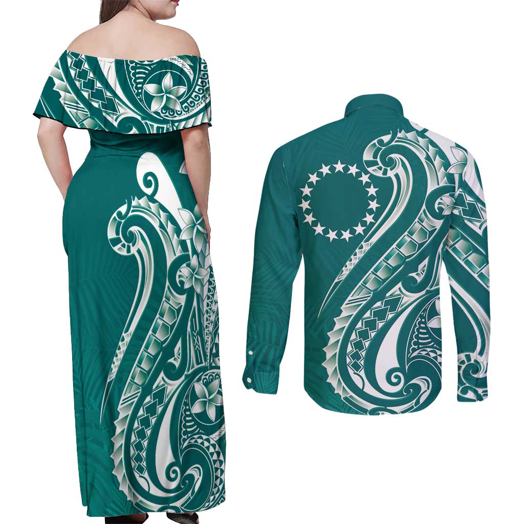 Kia Orana Cook Islands Couples Matching Off Shoulder Maxi Dress and Long Sleeve Button Shirt Teal Plumeria Tropical Waves LT7 - Polynesian Pride