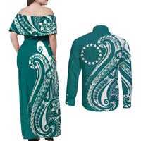 Kia Orana Cook Islands Couples Matching Off Shoulder Maxi Dress and Long Sleeve Button Shirt Teal Plumeria Tropical Waves LT7 - Polynesian Pride