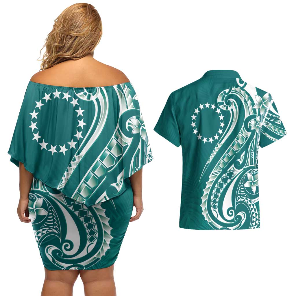 Kia Orana Cook Islands Couples Matching Off Shoulder Short Dress and Hawaiian Shirt Teal Plumeria Tropical Waves LT7 - Polynesian Pride
