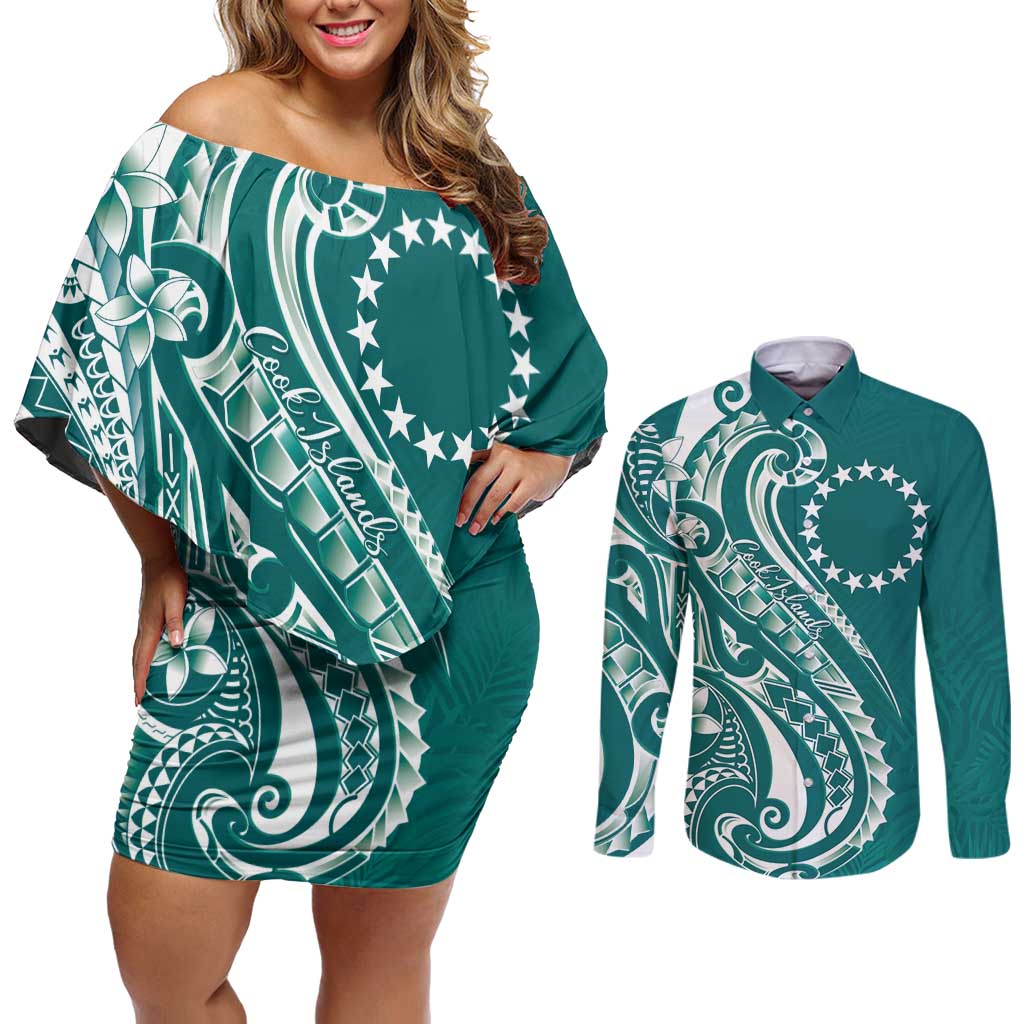 Kia Orana Cook Islands Couples Matching Off Shoulder Short Dress and Long Sleeve Button Shirt Teal Plumeria Tropical Waves LT7 Teal - Polynesian Pride