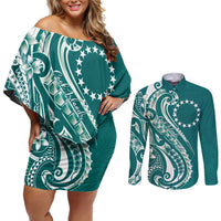 Kia Orana Cook Islands Couples Matching Off Shoulder Short Dress and Long Sleeve Button Shirt Teal Plumeria Tropical Waves LT7 Teal - Polynesian Pride