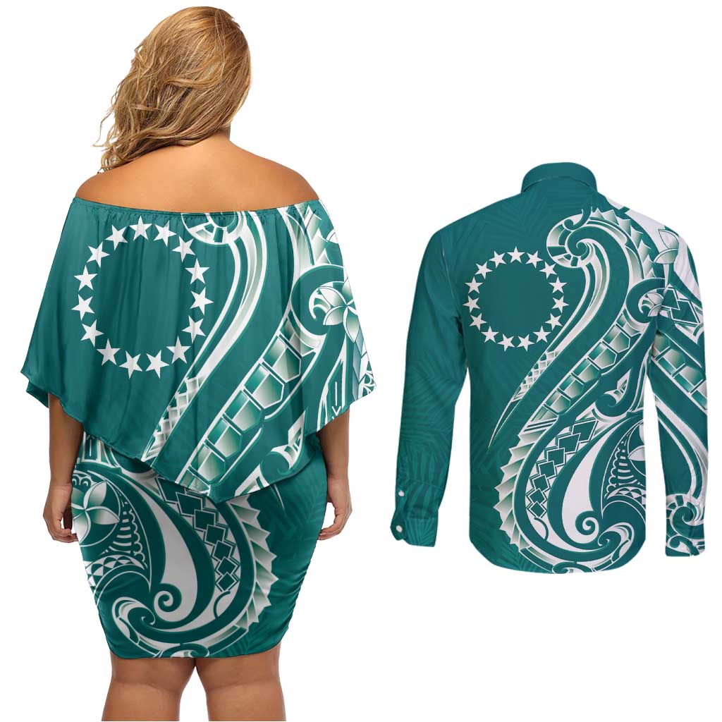Kia Orana Cook Islands Couples Matching Off Shoulder Short Dress and Long Sleeve Button Shirt Teal Plumeria Tropical Waves LT7 - Polynesian Pride
