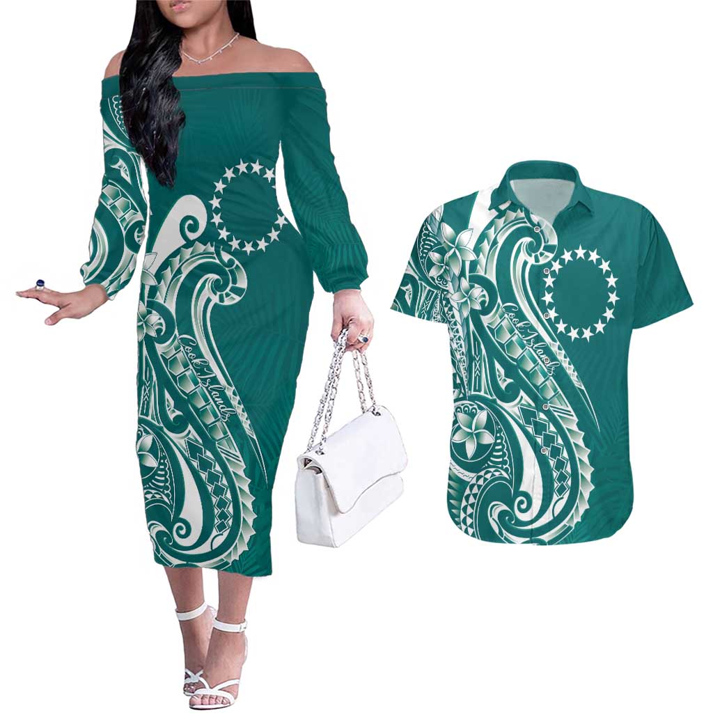 Kia Orana Cook Islands Couples Matching Off The Shoulder Long Sleeve Dress and Hawaiian Shirt Teal Plumeria Tropical Waves LT7 Teal - Polynesian Pride