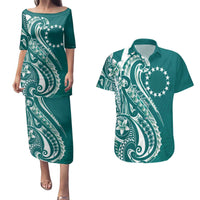 Kia Orana Cook Islands Couples Matching Puletasi and Hawaiian Shirt Teal Plumeria Tropical Waves LT7 Teal - Polynesian Pride