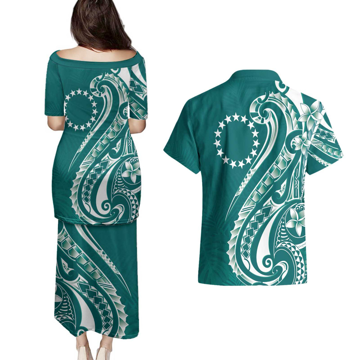 Kia Orana Cook Islands Couples Matching Puletasi and Hawaiian Shirt Teal Plumeria Tropical Waves LT7 - Polynesian Pride