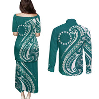 Kia Orana Cook Islands Couples Matching Puletasi and Long Sleeve Button Shirt Teal Plumeria Tropical Waves LT7 - Polynesian Pride