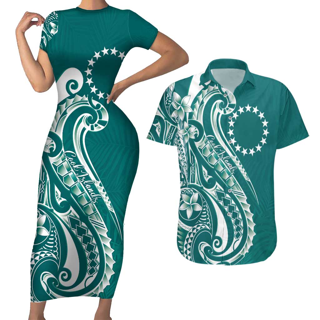 Kia Orana Cook Islands Couples Matching Short Sleeve Bodycon Dress and Hawaiian Shirt Teal Plumeria Tropical Waves LT7 Teal - Polynesian Pride