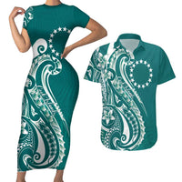 Kia Orana Cook Islands Couples Matching Short Sleeve Bodycon Dress and Hawaiian Shirt Teal Plumeria Tropical Waves LT7 Teal - Polynesian Pride