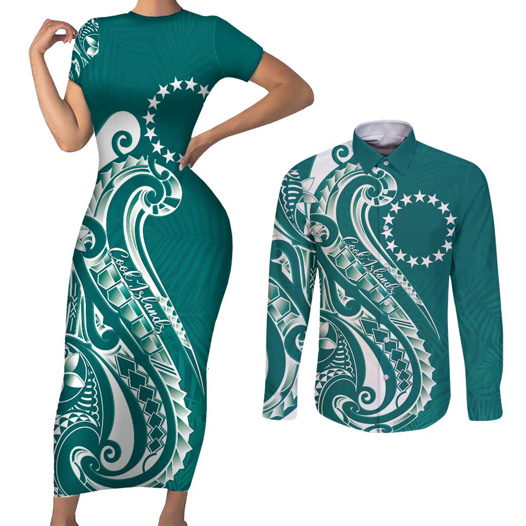 Kia Orana Cook Islands Couples Matching Short Sleeve Bodycon Dress and Long Sleeve Button Shirt Teal Plumeria Tropical Waves LT7 Teal - Polynesian Pride