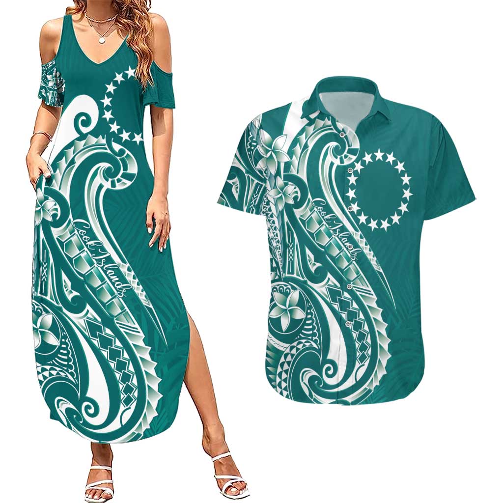 Kia Orana Cook Islands Couples Matching Summer Maxi Dress and Hawaiian Shirt Teal Plumeria Tropical Waves LT7 Teal - Polynesian Pride