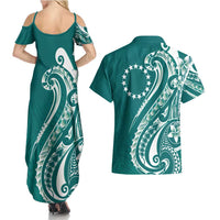 Kia Orana Cook Islands Couples Matching Summer Maxi Dress and Hawaiian Shirt Teal Plumeria Tropical Waves LT7 - Polynesian Pride