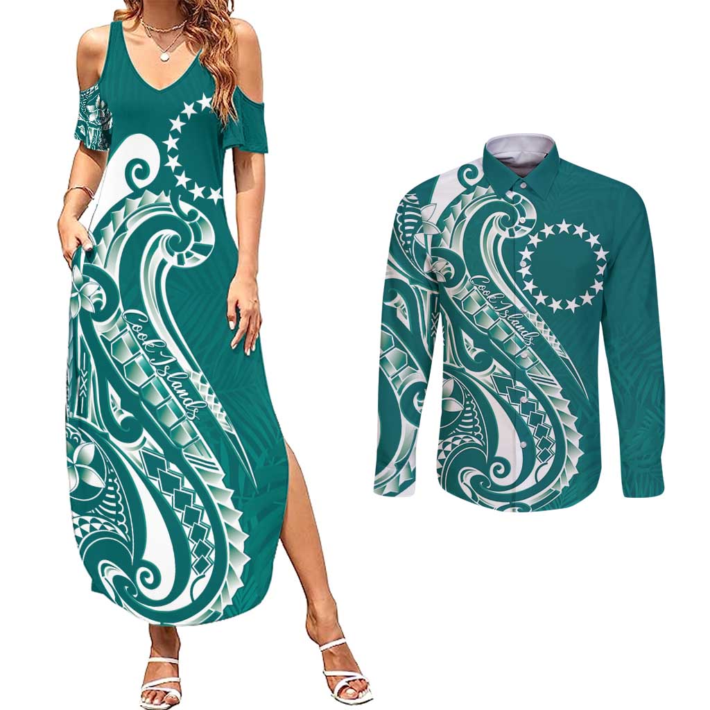 Kia Orana Cook Islands Couples Matching Summer Maxi Dress and Long Sleeve Button Shirt Teal Plumeria Tropical Waves LT7 Teal - Polynesian Pride