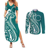 Kia Orana Cook Islands Couples Matching Summer Maxi Dress and Long Sleeve Button Shirt Teal Plumeria Tropical Waves LT7 Teal - Polynesian Pride