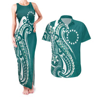 Kia Orana Cook Islands Couples Matching Tank Maxi Dress and Hawaiian Shirt Teal Plumeria Tropical Waves LT7 Teal - Polynesian Pride