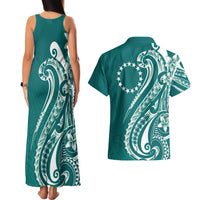 Kia Orana Cook Islands Couples Matching Tank Maxi Dress and Hawaiian Shirt Teal Plumeria Tropical Waves LT7 - Polynesian Pride