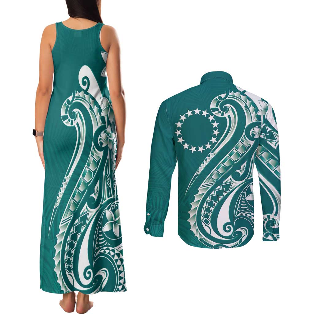 Kia Orana Cook Islands Couples Matching Tank Maxi Dress and Long Sleeve Button Shirt Teal Plumeria Tropical Waves LT7 - Polynesian Pride