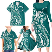 Kia Orana Cook Islands Family Matching Long Sleeve Bodycon Dress and Hawaiian Shirt Teal Plumeria Tropical Waves LT7 - Polynesian Pride